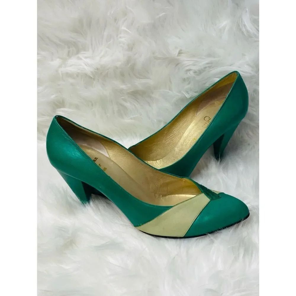🛍️ Dior (from 1953-63) Authentic Emerald Green, Cream & Gold Color-block Pumps - Picture 8 of 16